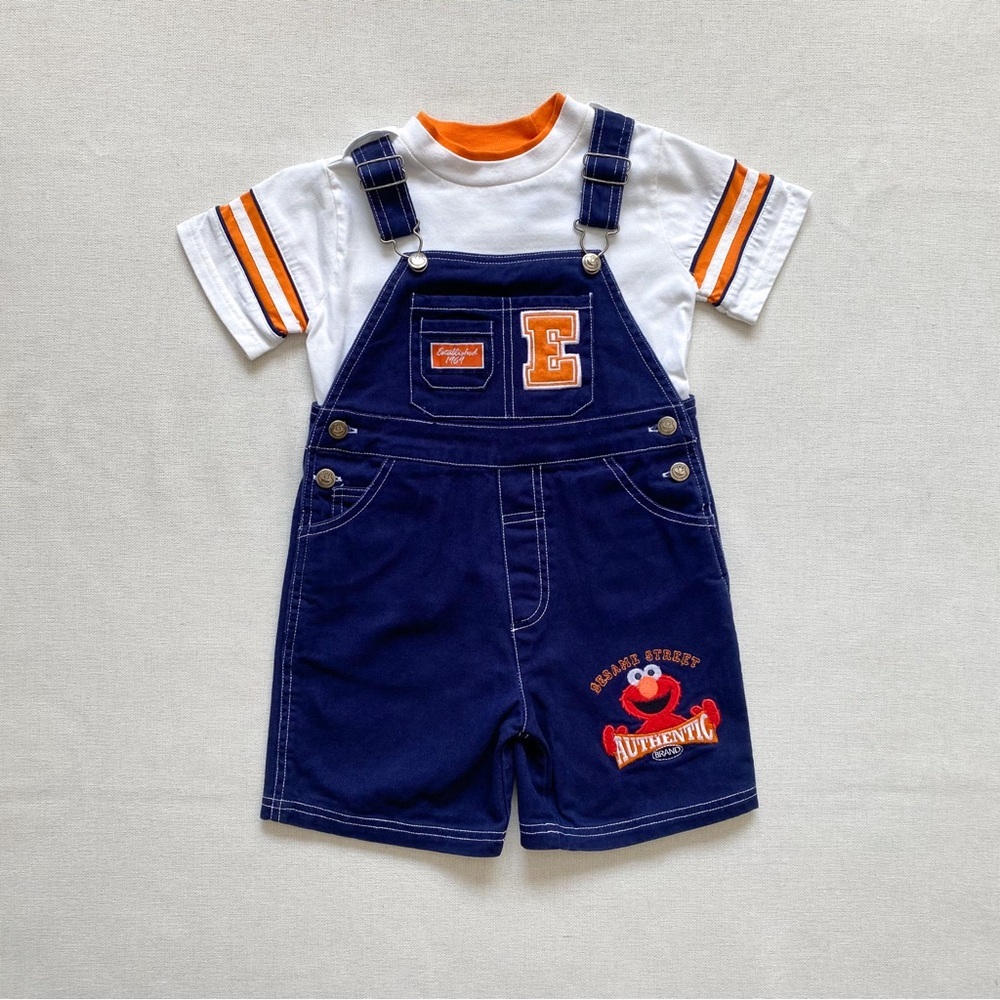 Vintage Sesame Street Elmo Embroidered Overalls & Tee 2 Piece Set 4T